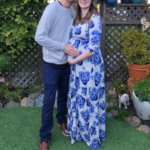 Pink Blush blue floral maternity 3/4 sleeve maxi dress